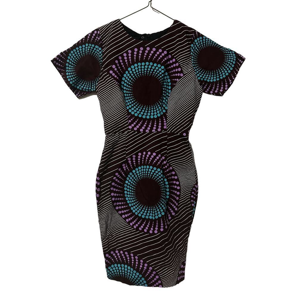 Ray Darten African Abstract Short Sleeve Tie Neck Knee Length Sheath Dress - S